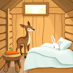 A delightful illustration of a cozy wooden cabin interior, featuring a small brown spotted deer, known as a sika deer, standing inside