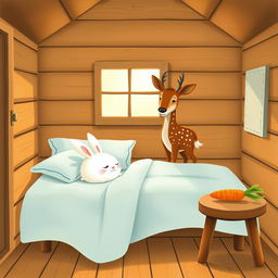 A delightful illustration of a cozy wooden cabin interior, featuring a small brown spotted deer, known as a sika deer, standing inside