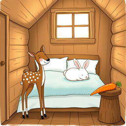 A whimsical illustration of a cozy wooden cabin interior, showcasing a small brown spotted sika deer standing happily