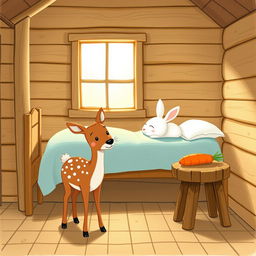 A whimsical illustration of a cozy wooden cabin interior, showcasing a small brown spotted sika deer standing happily