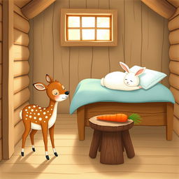 A whimsical illustration of a cozy wooden cabin interior, showcasing a small brown spotted sika deer standing happily