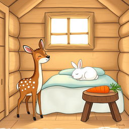 A whimsical illustration of a cozy wooden cabin interior, showcasing a small brown spotted sika deer standing happily