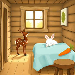 A charming interior of a wooden cabin, showcasing a small brown spotted sika deer standing contentedly