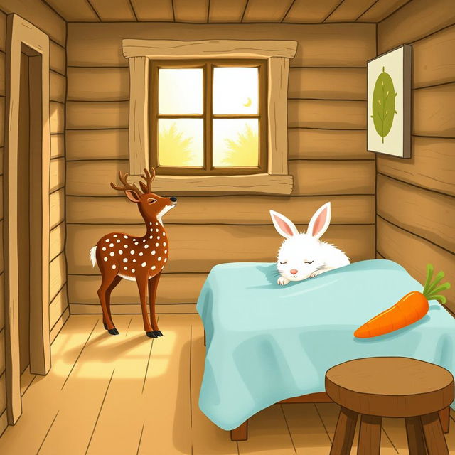 A charming interior of a wooden cabin, showcasing a small brown spotted sika deer standing contentedly