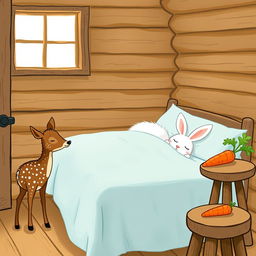 A charming interior of a wooden cabin, showcasing a small brown spotted sika deer standing contentedly
