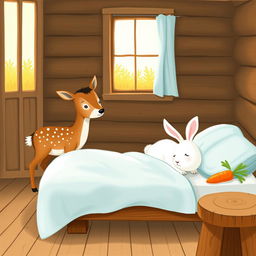 A charming interior of a wooden cabin, showcasing a small brown spotted sika deer standing contentedly