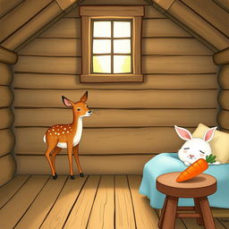 A charming interior of a wooden cabin, showcasing a small brown spotted sika deer standing contentedly