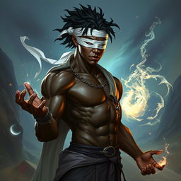 A male Aasimar sorcerer depicted with dark skin, wearing a striking white blindfold that contrasts sharply with his complexion