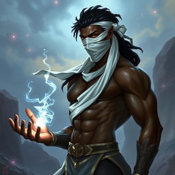 A male Aasimar sorcerer depicted with dark skin, wearing a striking white blindfold that contrasts sharply with his complexion