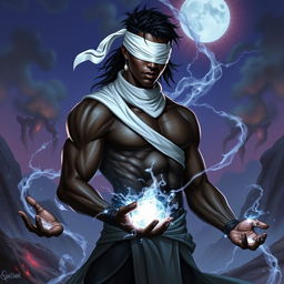 A male Aasimar sorcerer depicted with dark skin, wearing a striking white blindfold that contrasts sharply with his complexion