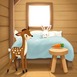 A charming illustration depicting a cozy wooden cabin scene, featuring a small brown spotted sika deer standing next to a brown wooden stool