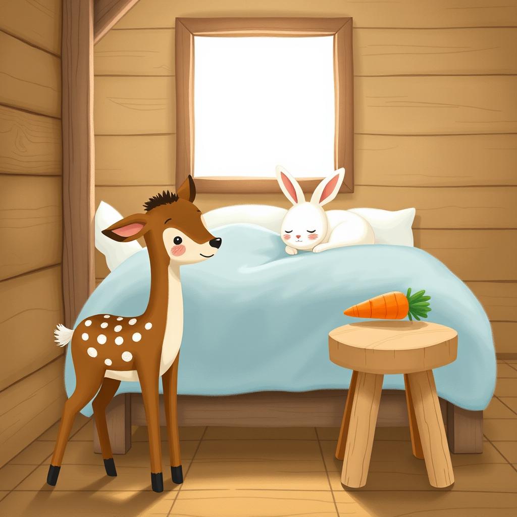 A charming illustration depicting a cozy wooden cabin scene, featuring a small brown spotted sika deer standing next to a brown wooden stool