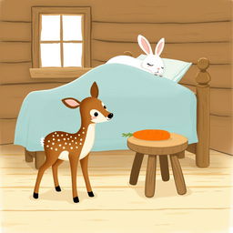 A charming illustration depicting a cozy wooden cabin scene, featuring a small brown spotted sika deer standing next to a brown wooden stool