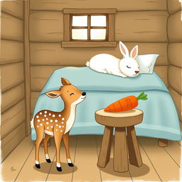 A charming illustration depicting a cozy wooden cabin scene, featuring a small brown spotted sika deer standing next to a brown wooden stool