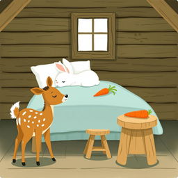 A charming illustration depicting a cozy wooden cabin scene, featuring a small brown spotted sika deer standing next to a brown wooden stool