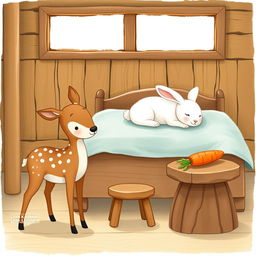 A delightful illustration depicting a cozy wooden cabin scene, featuring a small brown spotted sika deer standing beside a brown wooden stool
