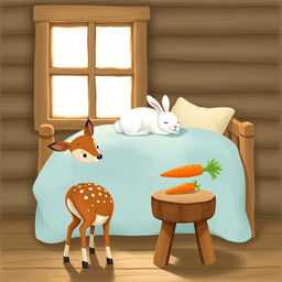 A delightful illustration depicting a cozy wooden cabin scene, featuring a small brown spotted sika deer standing beside a brown wooden stool