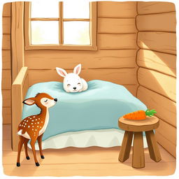 A delightful illustration depicting a cozy wooden cabin scene, featuring a small brown spotted sika deer standing beside a brown wooden stool