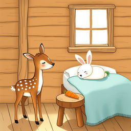 A delightful illustration depicting a cozy wooden cabin scene, featuring a small brown spotted sika deer standing beside a brown wooden stool