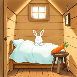 Inside a cozy wooden cabin, a fluffy white rabbit is wide awake on a charming bed, snugly covered with a soft light blue blanket