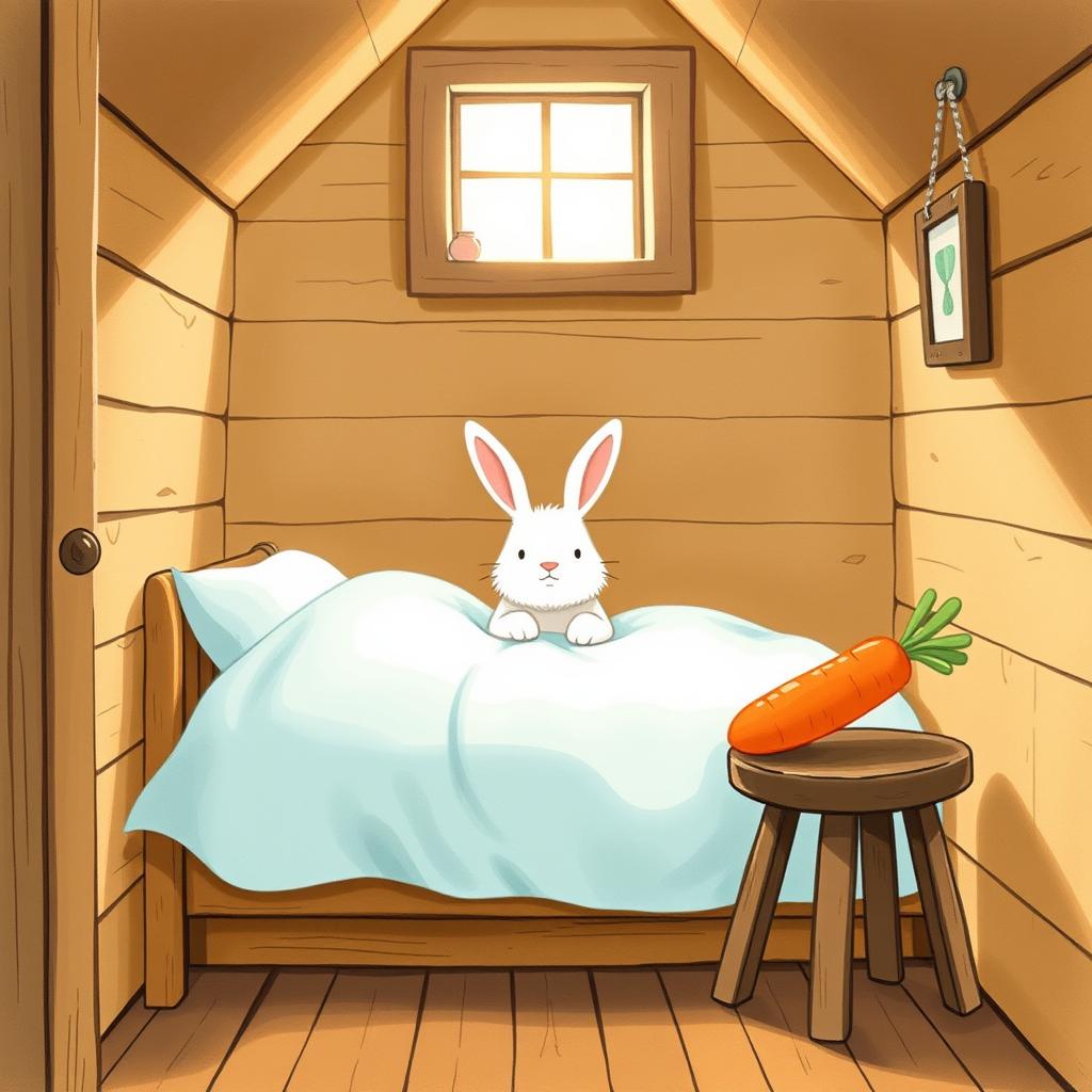 Inside a cozy wooden cabin, a fluffy white rabbit is wide awake on a charming bed, snugly covered with a soft light blue blanket