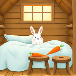 Inside a cozy wooden cabin, a fluffy white rabbit is wide awake on a charming bed, snugly covered with a soft light blue blanket