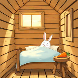 Inside a cozy wooden cabin, a fluffy white rabbit is wide awake on a charming bed, snugly covered with a soft light blue blanket