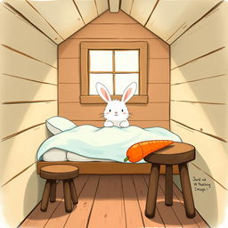 Inside a cozy wooden cabin, a fluffy white rabbit is wide awake on a charming bed, snugly covered with a soft light blue blanket