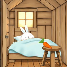 Inside a cozy wooden cabin, a fluffy white rabbit is awake on a charming bed, tucked under a soft light blue blanket