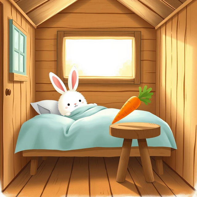 Inside a cozy wooden cabin, a fluffy white rabbit is awake on a charming bed, tucked under a soft light blue blanket