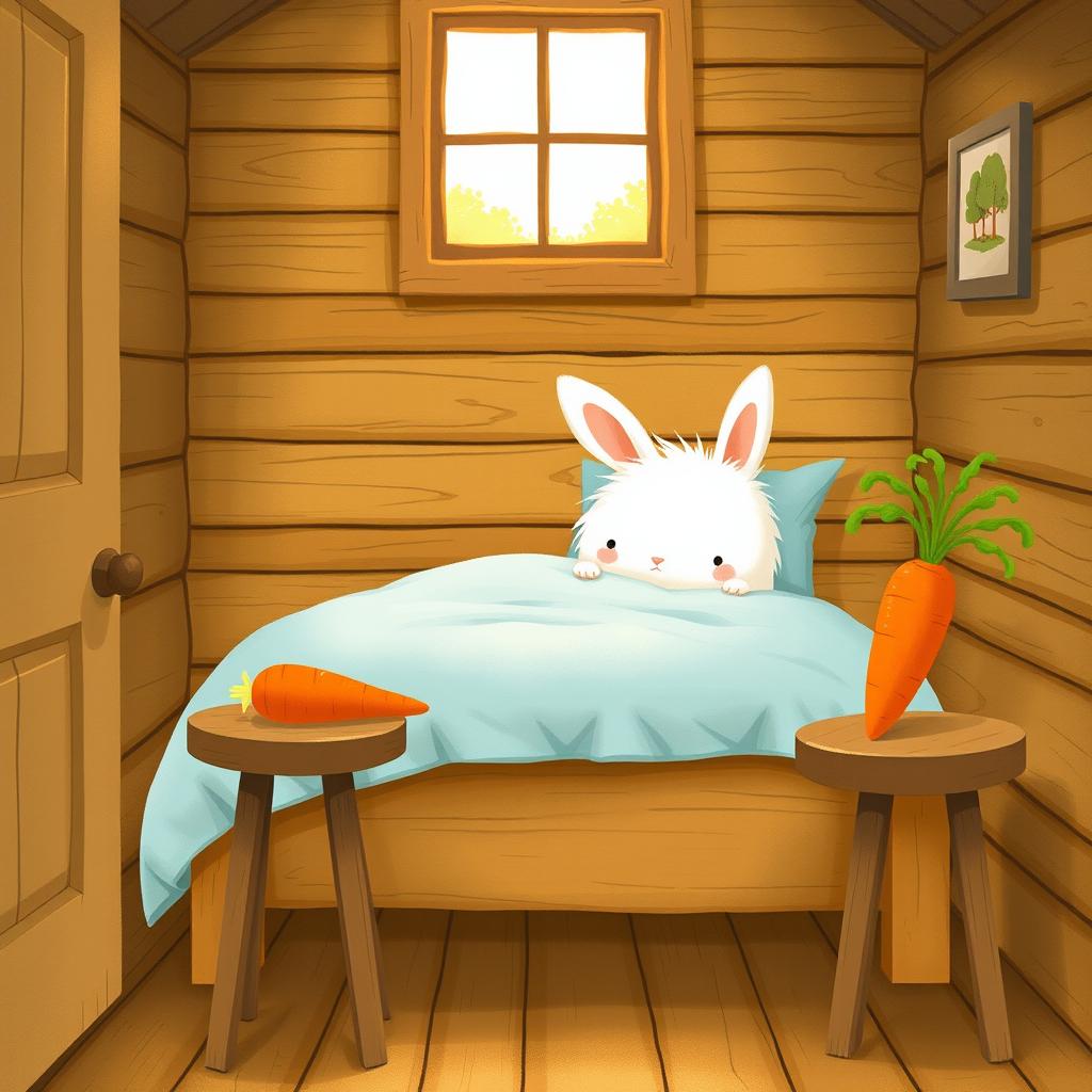Inside a cozy wooden cabin, a fluffy white rabbit is awake on a charming bed, tucked under a soft light blue blanket