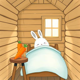 Inside a cozy wooden cabin, a fluffy white rabbit is awake on a charming bed, tucked under a soft light blue blanket