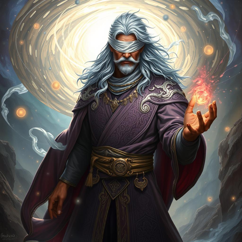 A powerful sorcerer with rich brown skin and striking silver hair, adorned in intricate robes that shimmer with magical symbols