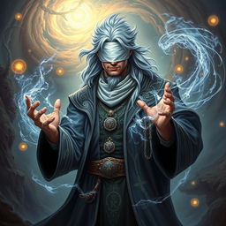 A powerful sorcerer with rich brown skin and striking silver hair, adorned in intricate robes that shimmer with magical symbols