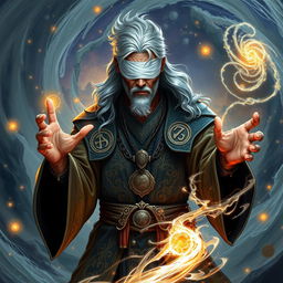 A powerful sorcerer with rich brown skin and striking silver hair, adorned in intricate robes that shimmer with magical symbols