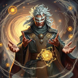 A powerful sorcerer with rich brown skin and striking silver hair, adorned in intricate robes that shimmer with magical symbols