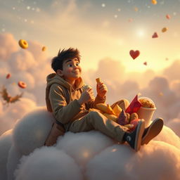 A whimsically surreal movie frame depicting a young hero in the afterlife, casually enjoying snacks