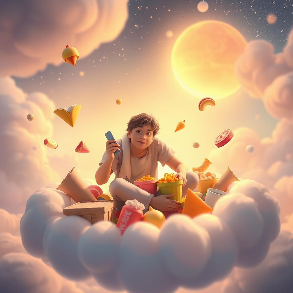 A whimsically surreal movie frame depicting a young hero in the afterlife, casually enjoying snacks