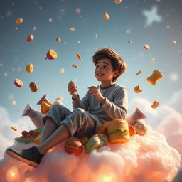 A whimsically surreal movie frame depicting a young hero in the afterlife, casually enjoying snacks