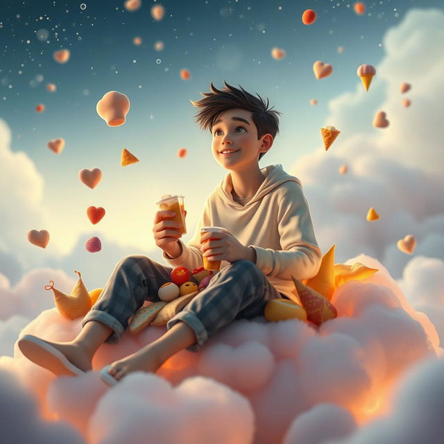 A whimsically surreal movie frame depicting a young hero in the afterlife, casually enjoying snacks