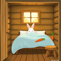 Inside a cozy wooden cabin, a fluffy white rabbit is awake on a charming bed, snugly covered with a soft light blue blanket