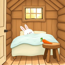 Inside a cozy wooden cabin, a fluffy white rabbit is awake on a charming bed, snugly covered with a soft light blue blanket