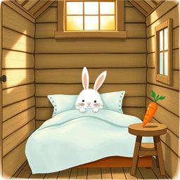 Inside a cozy wooden cabin, a fluffy white rabbit is awake on a charming bed, snugly covered with a soft light blue blanket