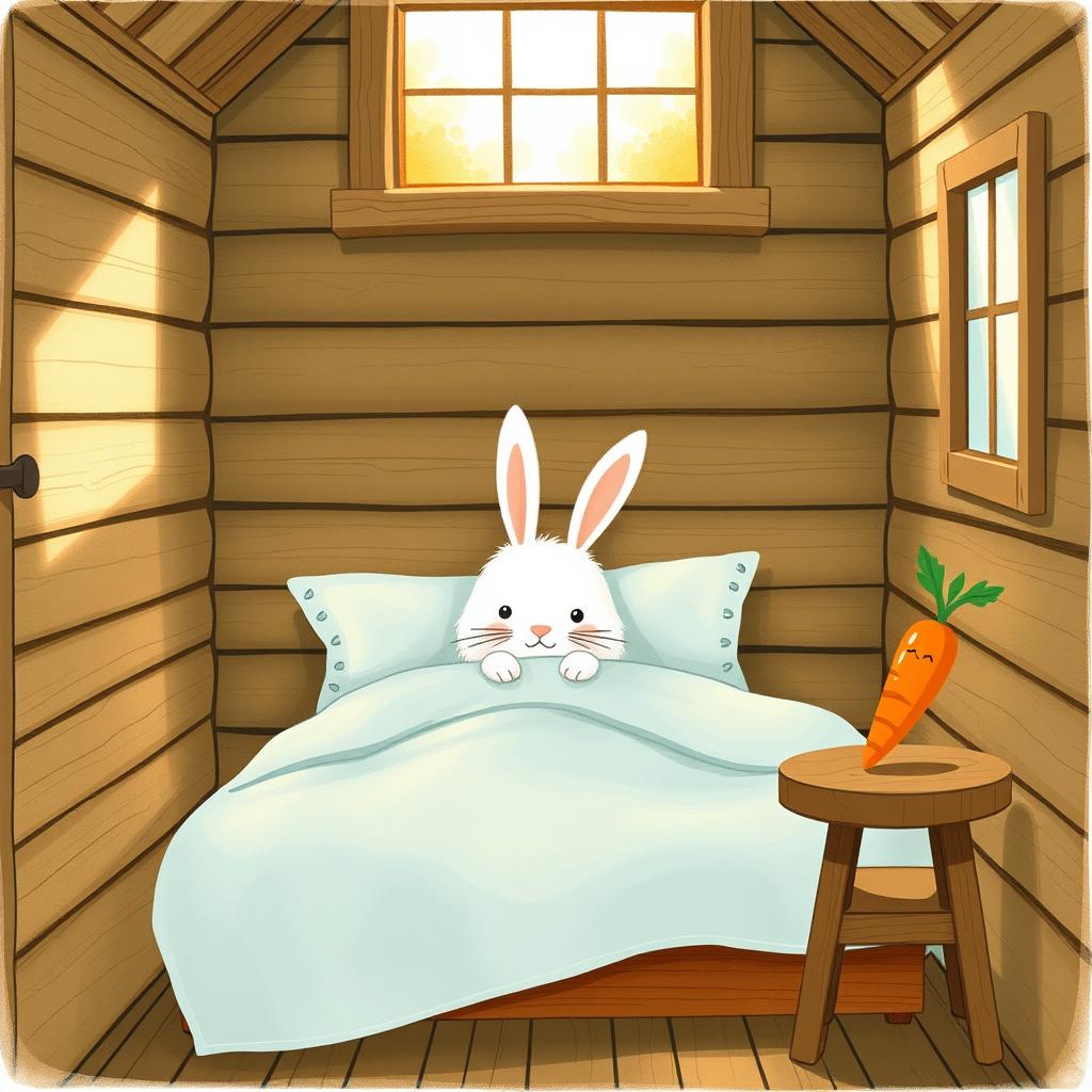 Inside a cozy wooden cabin, a fluffy white rabbit is awake on a charming bed, snugly covered with a soft light blue blanket
