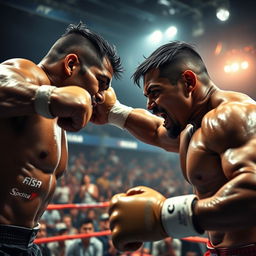 An intense scene depicting raw aggression, showcasing two athletes in an epic showdown during a high-stakes boxing match