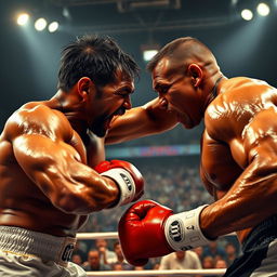 An intense scene depicting raw aggression, showcasing two athletes in an epic showdown during a high-stakes boxing match
