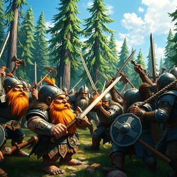 A fantastical scene depicting a vibrant battle between dwarfs and humans in a medieval setting