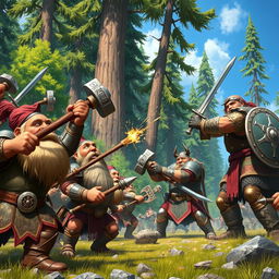 A fantastical scene depicting a vibrant battle between dwarfs and humans in a medieval setting