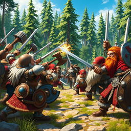 A fantastical scene depicting a vibrant battle between dwarfs and humans in a medieval setting