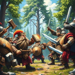 A fantastical scene depicting a vibrant battle between dwarfs and humans in a medieval setting